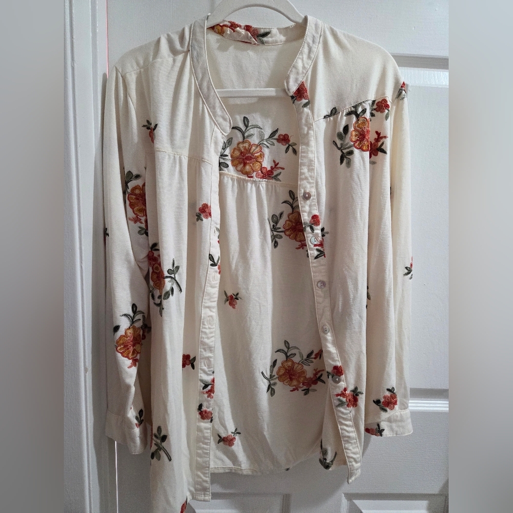 Hope Springs Floral Embroidered Button-Up Long Sleeve Blouse